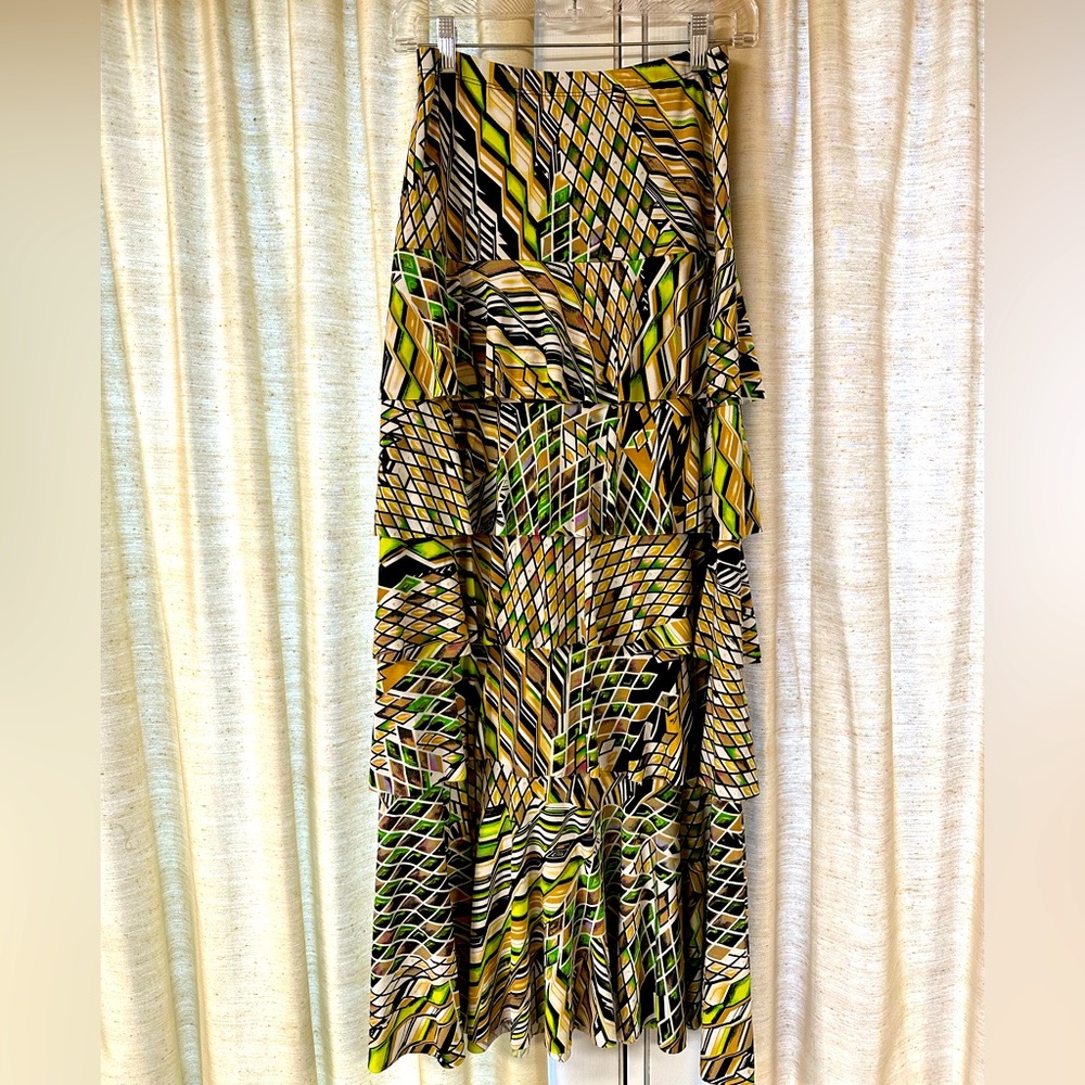 Tiered maxi skirt, multicolored, green, tan, black, and cream